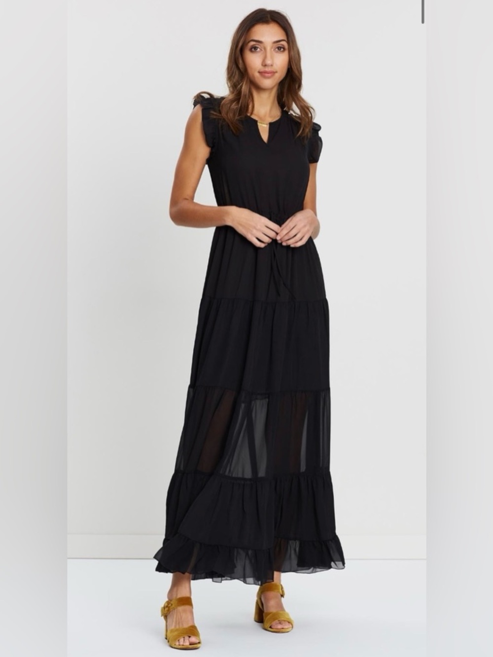 Scotch & Soda Feminine Black Semi-Sheer Tiered Maxi Dress, Fall Transition